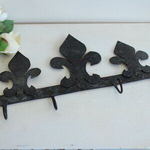 Vintage 1990s Coat Hooks, Three Black Fleur de Lis  Wrought Iron Hangers